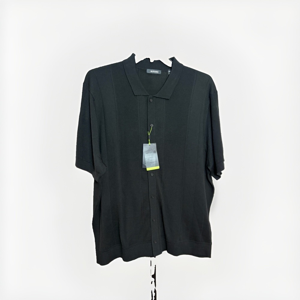 Murano Men's 2XB Black Ribbed Knit Short Sleeve Button Front Shirt NEW F205